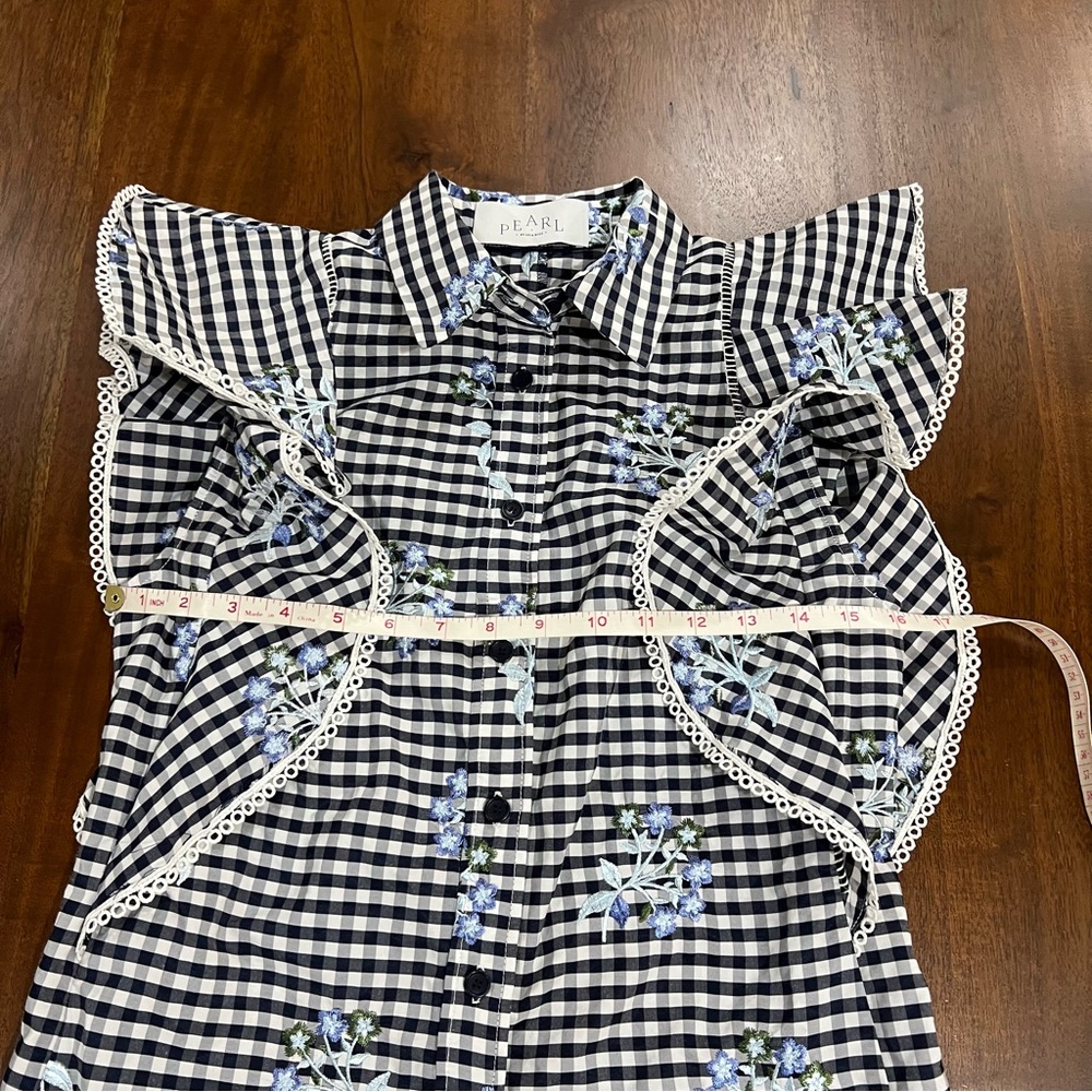 Pearl Lela Rose Poplin Flutter Sleeve Floral Gingham Top Size XS - Picture 6 of 7